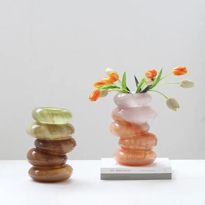 Stacked translucent gradient color geometric glass vase in pink and orange as a decorbites living room accessory