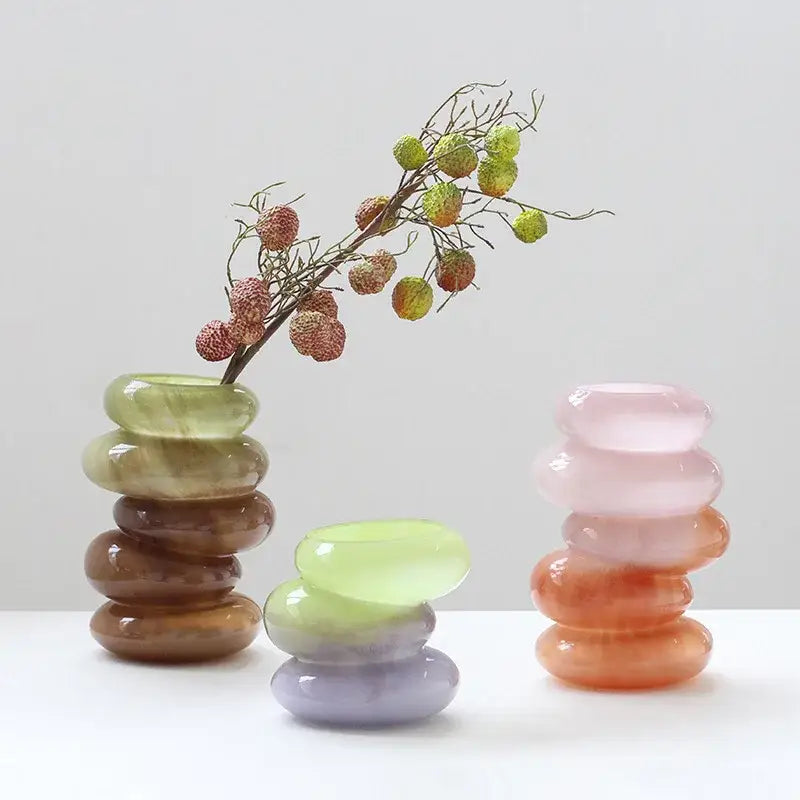 Stacked translucent decorbites geometric glass vase in gradient color hues of green brown pink and orange for living room decor