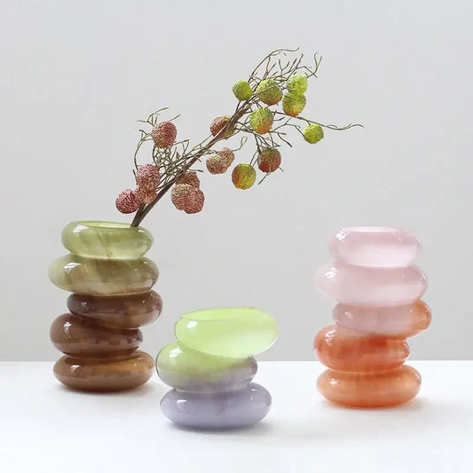 Stacked translucent decorbites geometric glass vase in gradient color hues of green brown pink and orange for living room decor