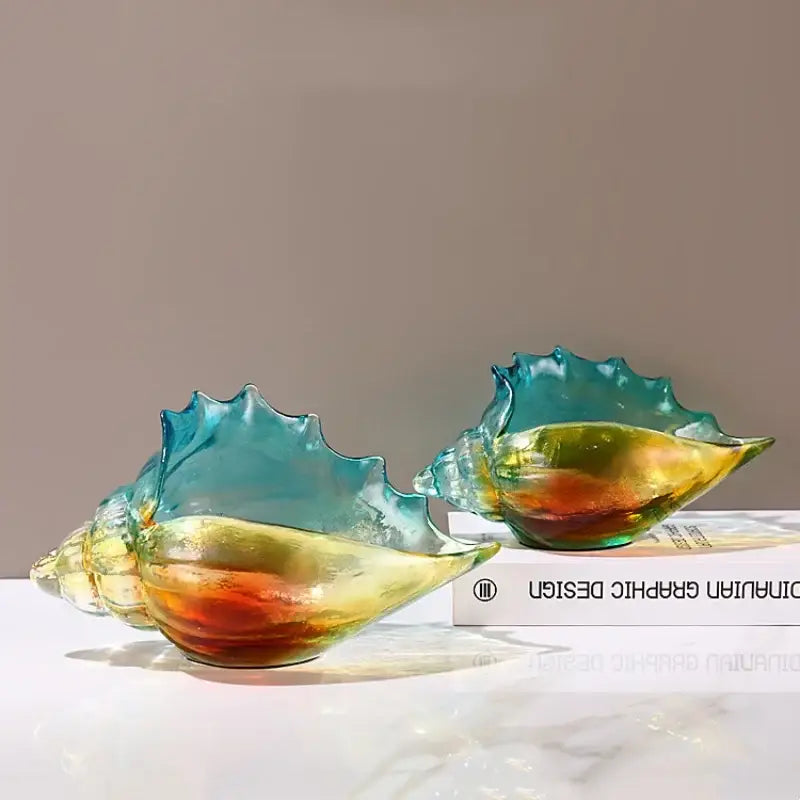 Vibrant gradient conch glass key tray with teal amber and orange hues for living room decorbites conch glass handicrafts