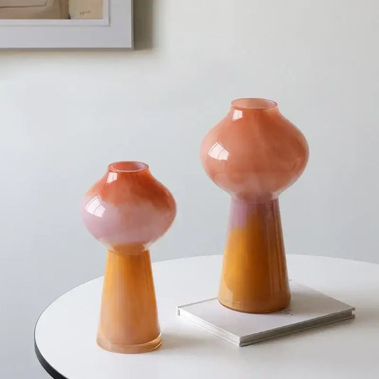 Set of 2 decorbites gradient glass vases with bulbous rounded tops and tapered bases for living room decor