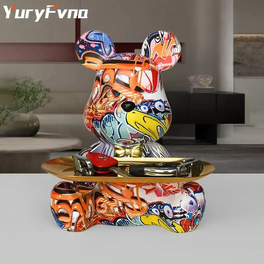 Vibrant graffiti bear figurine ceramic with gold bow tie and metallic tray for living room decorbites graffiti bear storage sculpture