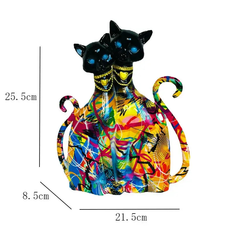 Vibrant abstract resin cat couple sculpture with glowing blue eyes and gold necklaces decorbites cat couple decorbites cat