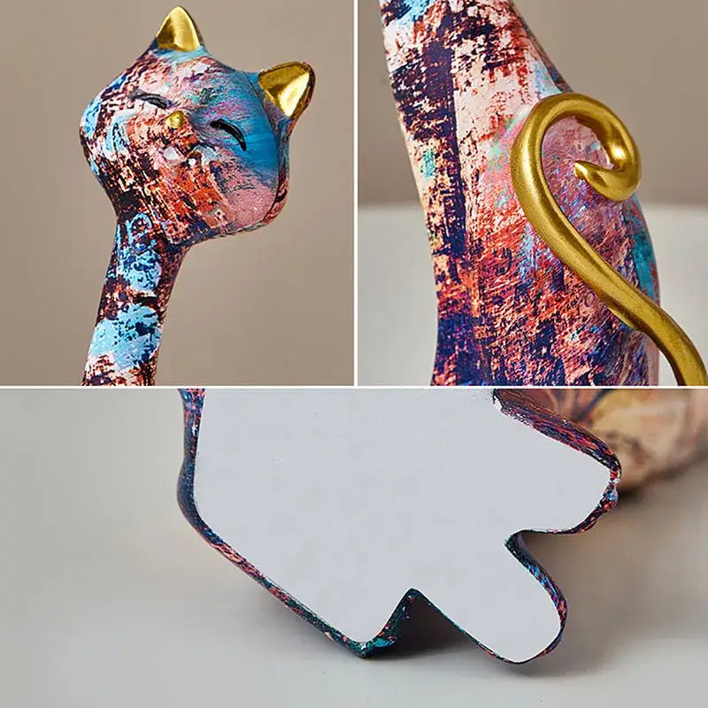 Colorful abstract cat lovers resin figurine with gold accents for decorbites cat lovers living room decor