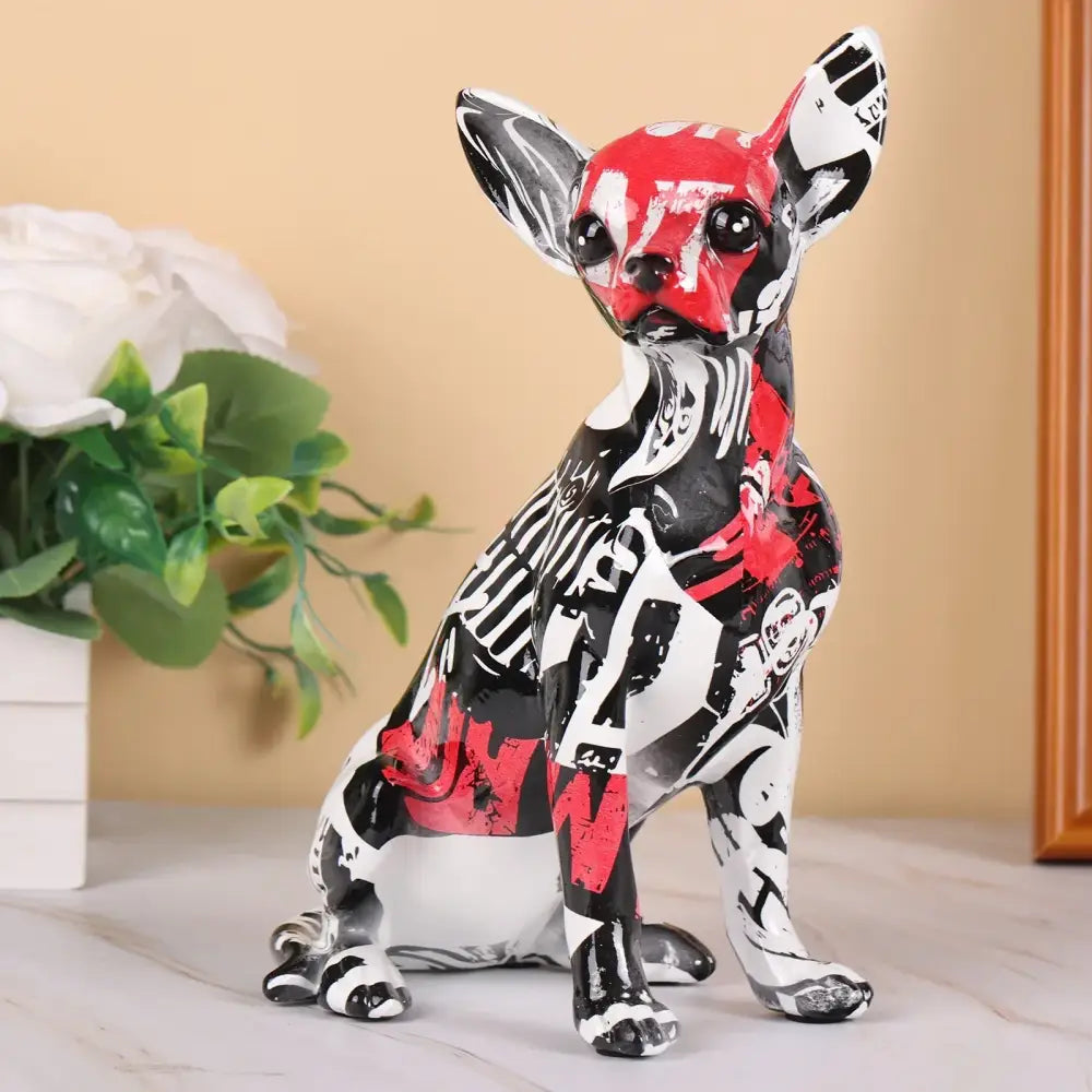 Stylized chihuahua resin statue with bold red black and white graffiti design perfect for living room decorbites chihuahua