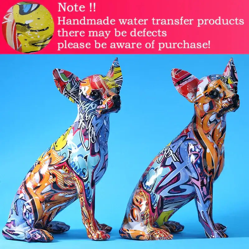 Two vibrant graffiti colorful chihuahua resin statues with bold street art designs for living room decorbites bulldog chihuahua decor