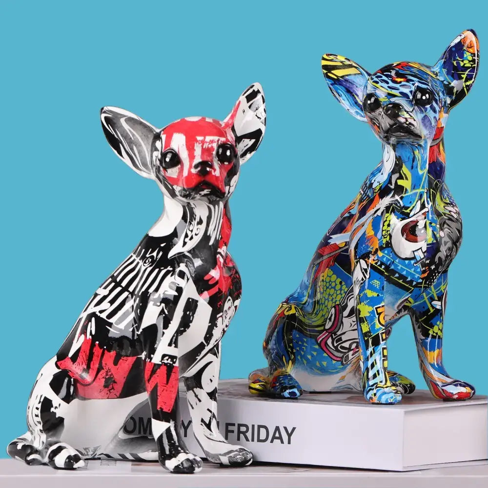 Two vibrant graffiti colorful chihuahua resin statues with black-and-white and abstract patterns for living room decorbites bulldog chihuahua decor