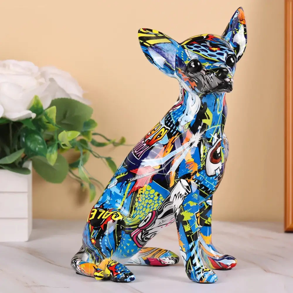Vibrant graffiti colorful chihuahua resin statue with bold blue yellow and black patterns for living room decorbites chihuahua