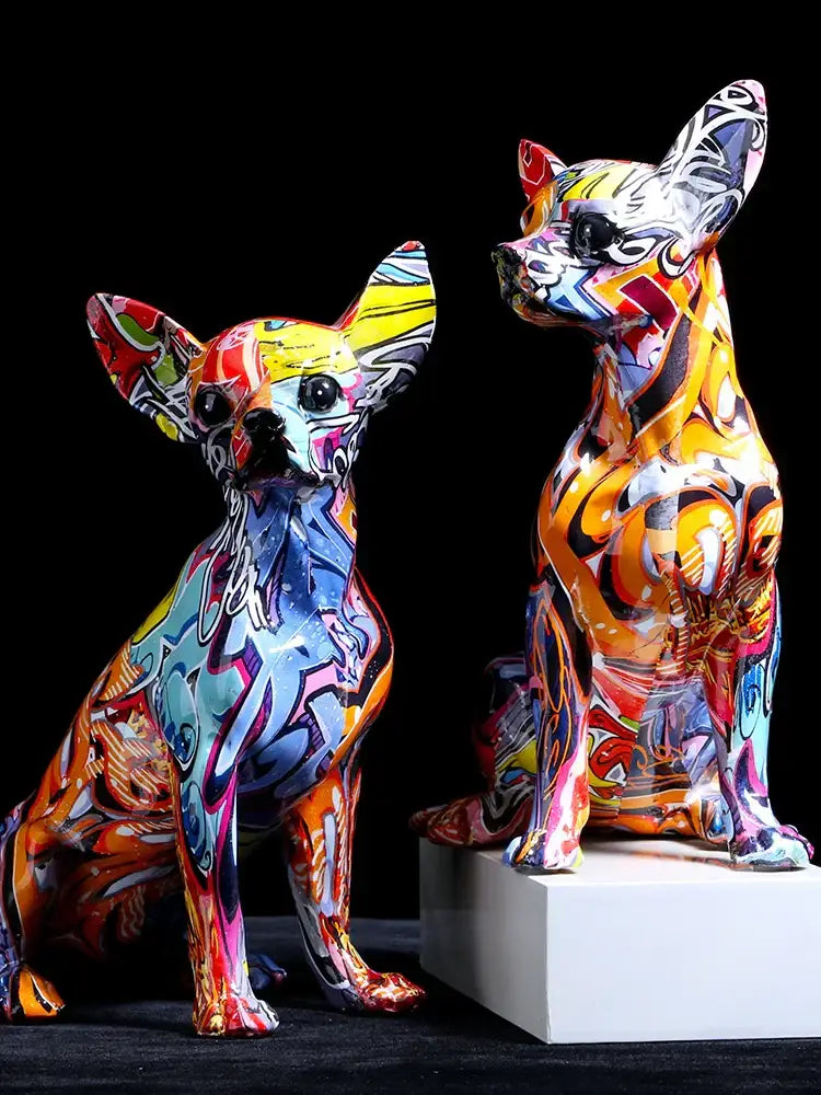Vibrant graffiti colorful chihuahua resin statue with bold yellow orange blue and pink patterns for living room decorbites bulldog chihuahua