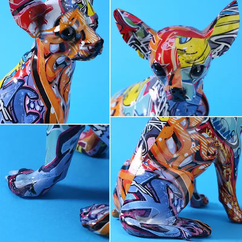 A vibrant graffiti colorful chihuahua resin statue with bold black outlines for living room decorbites chihuahua decor