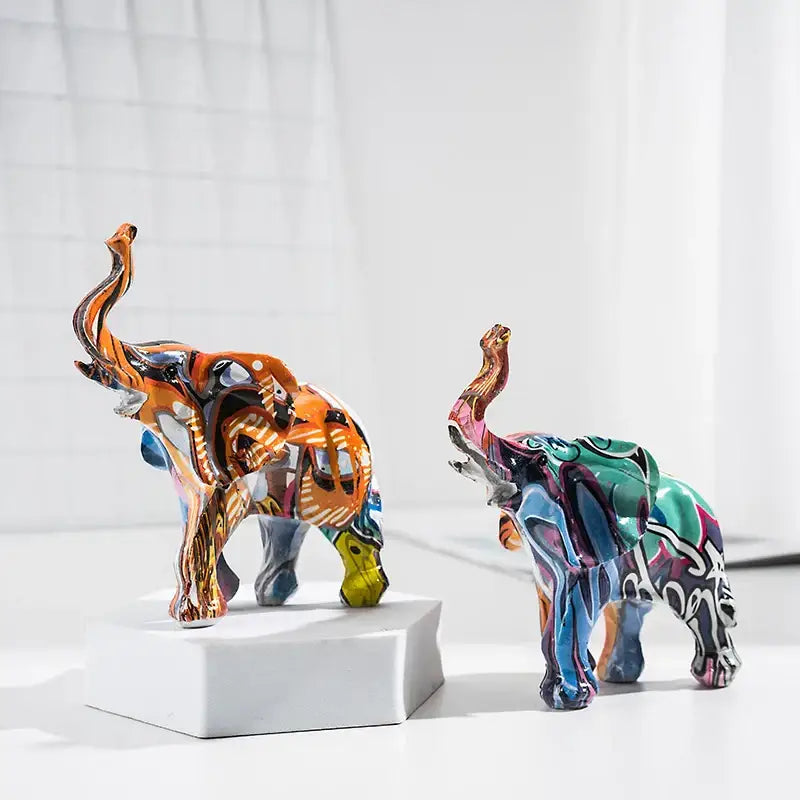 Vibrant graffiti colorful elephant resin figurines art with bold geometric patterns for living room decorbites elephant resin