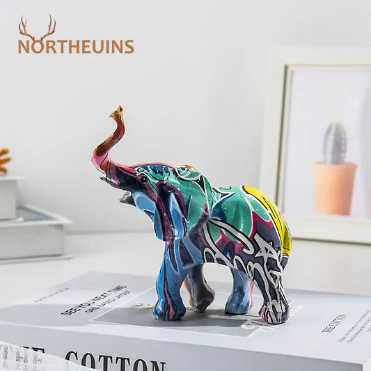 Vibrantly painted graffiti colorful elephant resin figurines art with glossy finish for living room decorbites elephant resin