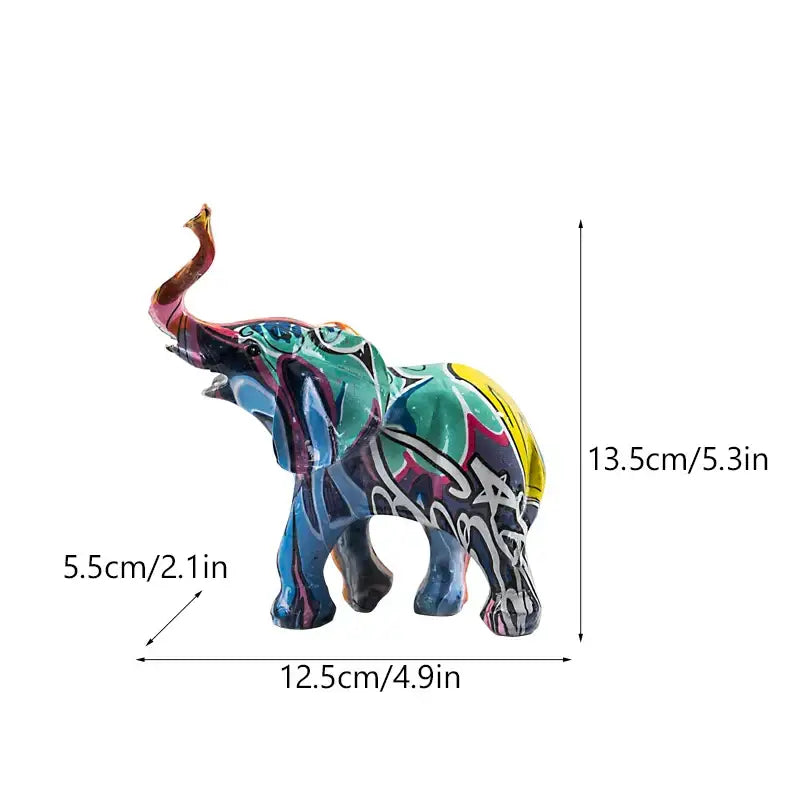 Vibrant graffiti-style decorbites elephant resin figurine with teal yellow pink and black patterns for living room decor