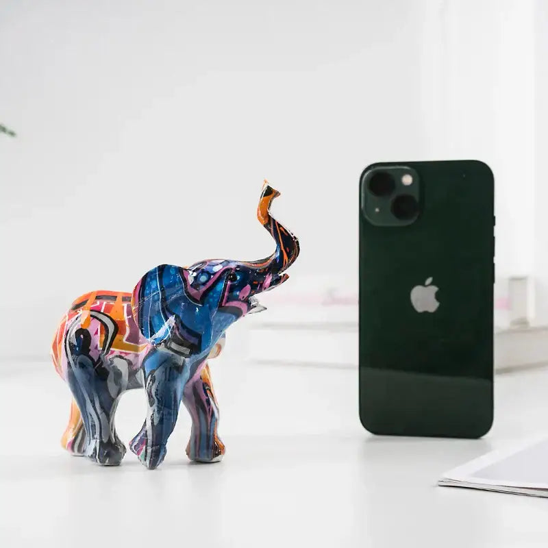Vibrant graffiti colorful elephant resin figurines art with glossy blue orange pink black patterns for living room decorbites elephant resin