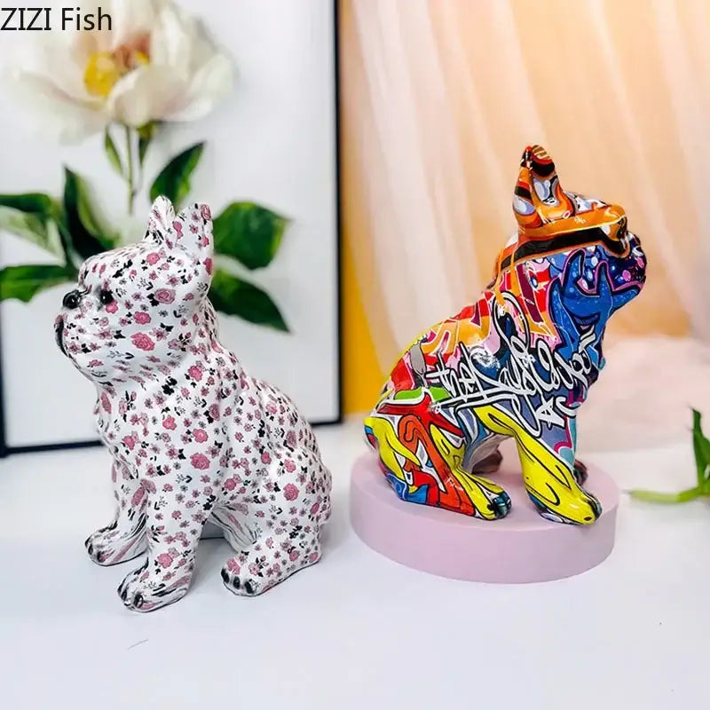 Two decorative punk art resin french bulldog sculptures in white floral and vibrant graffiti for living room decorbites bulldog punk