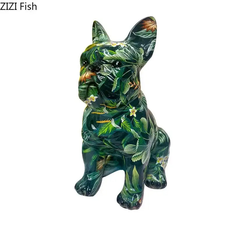 A glossy green ceramic decorbites bulldog punk sculpture with tropical leaf and yellow flower patterns for living room decor