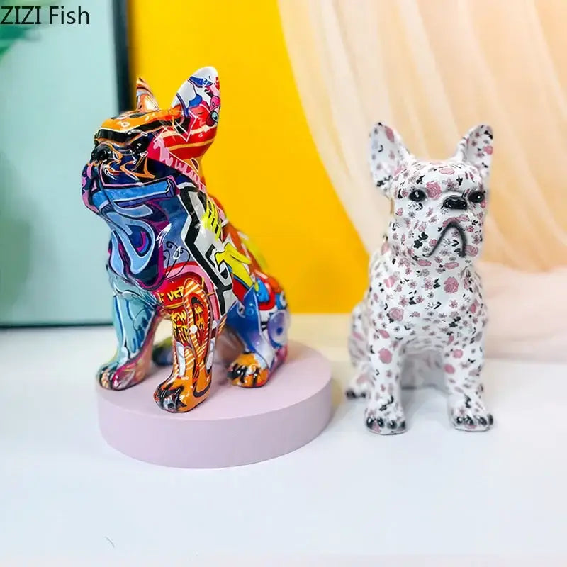 Vibrant graffiti style bulldog punk art resin sculpture with bold colorful paint strokes for living room decor by decorbites