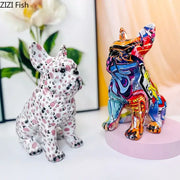 Two decorative resin bulldog punk art sculptures featuring floral white and vibrant graffiti colors for living room decorbites decor