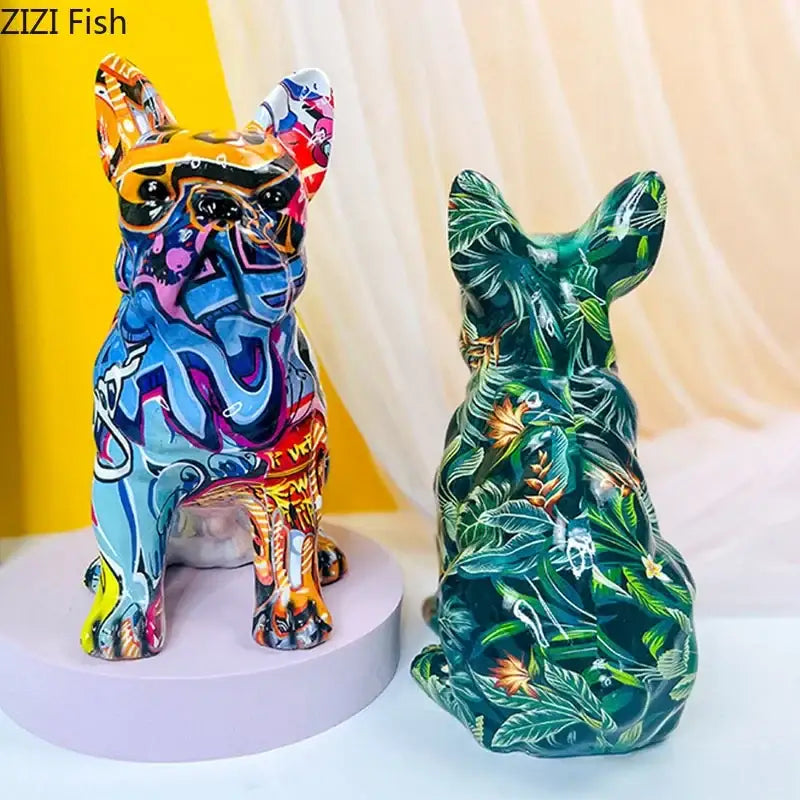 Vibrant graffiti style french bulldog punk art resin sculpture with bold blue orange and purple swirls for decorbites decor