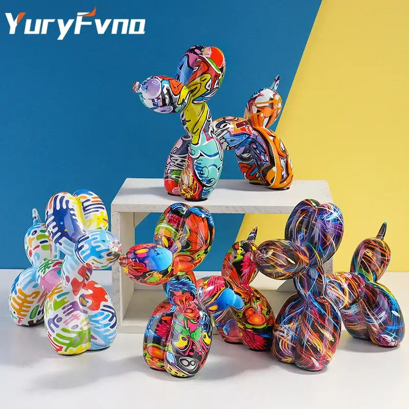 Vibrant multicolored graffiti resin balloon dog figurine with glossy finish ideal for modern home decor