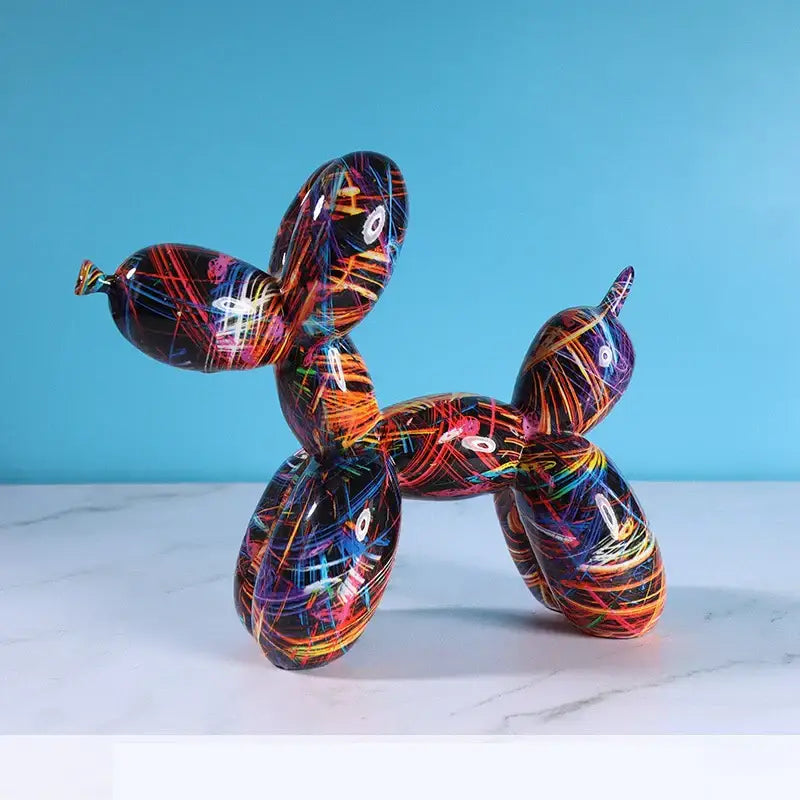 Vibrant glossy resin balloon dog figurine with neon abstract lines and black base for contemporary home decor