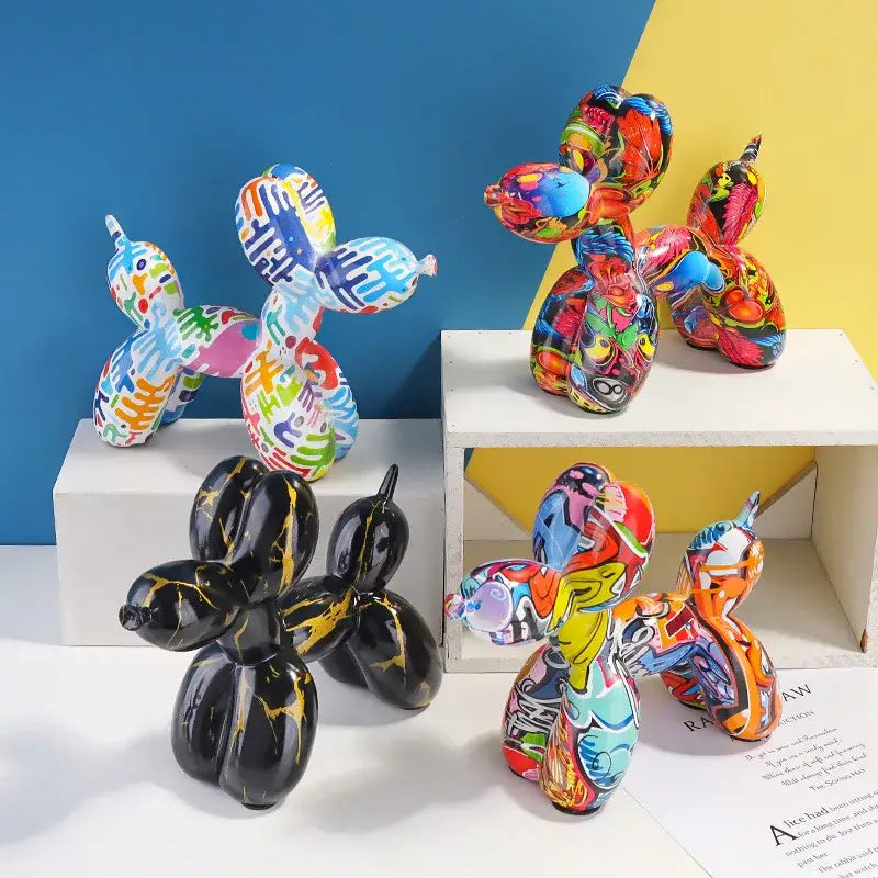 Vibrant multicolored resin balloon dog figurine with graffiti patterns and black gold accents for home decor