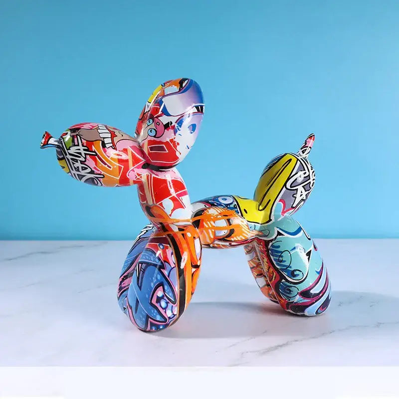 Vibrant graffiti multicolored resin balloon dog figurine with glossy finish ideal for modern home decor living room display