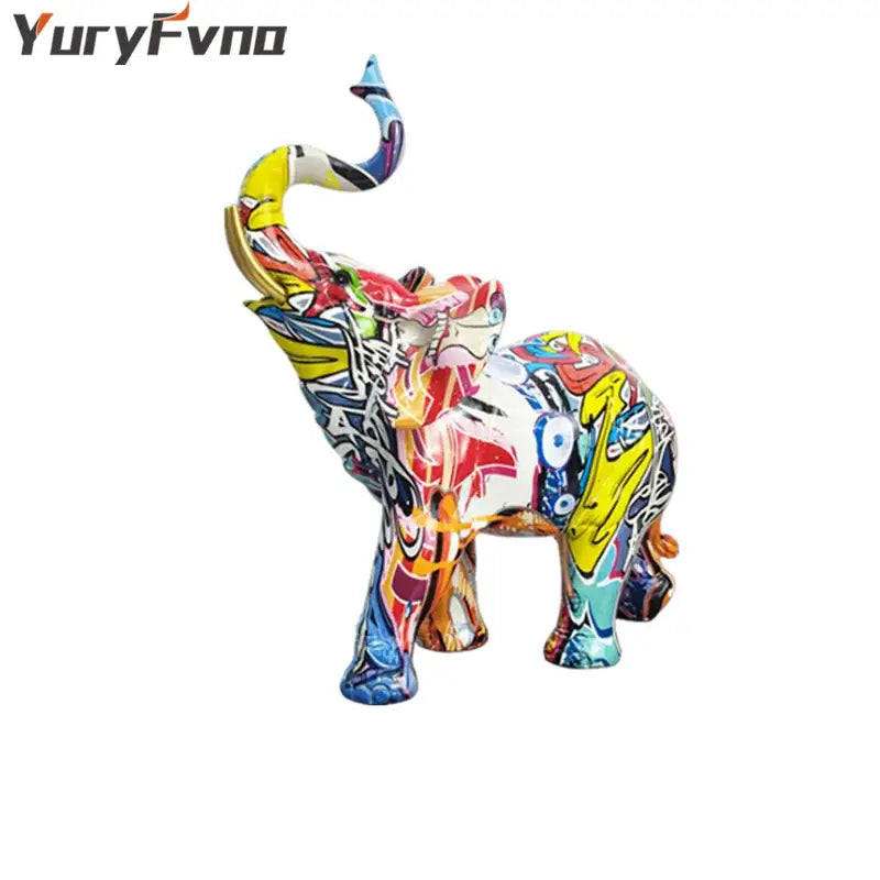 Vibrant graffiti resin elephant sculpture with bold colorful abstract patterns for living room decorbites elephant sculpture