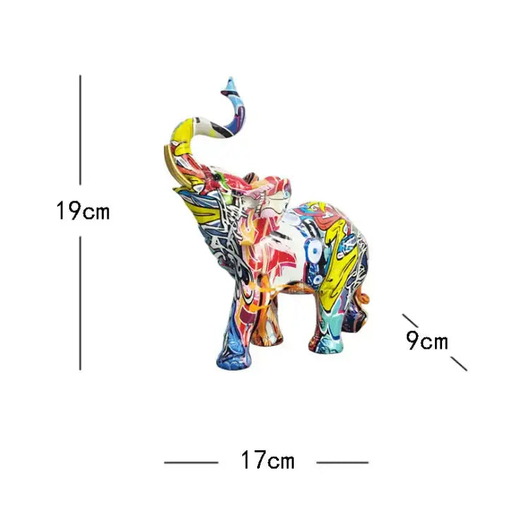 A vibrant multicolored graffiti resin elephant sculpture with a glossy finish by decorbites for living room decor