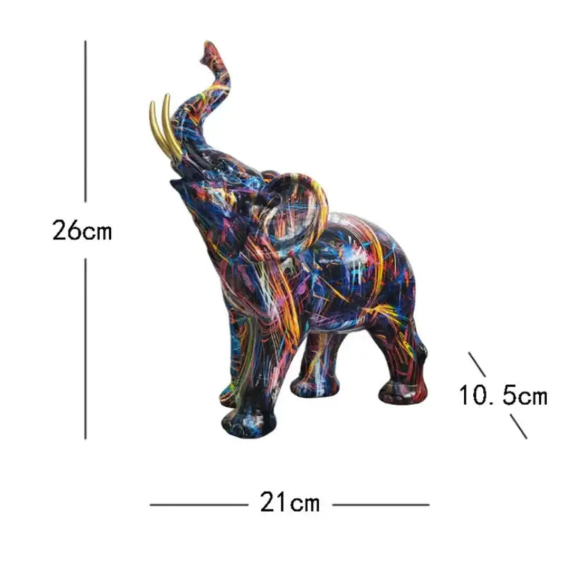A vibrant graffiti resin elephant sculpture with golden tusks and glossy finish for living room decorbites elephant sculpture