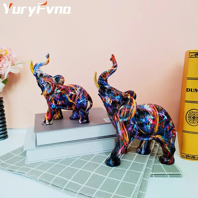 Vibrant abstractly painted neon blue and orange decorbites elephant sculpture resin figurine for living room decor