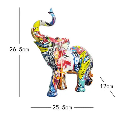 A vibrant multicolored graffiti resin elephant sculpture with a glossy finish by decorbites for living room decor