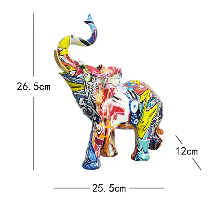 A vibrant multicolored graffiti resin elephant sculpture with a glossy finish by decorbites for living room decor