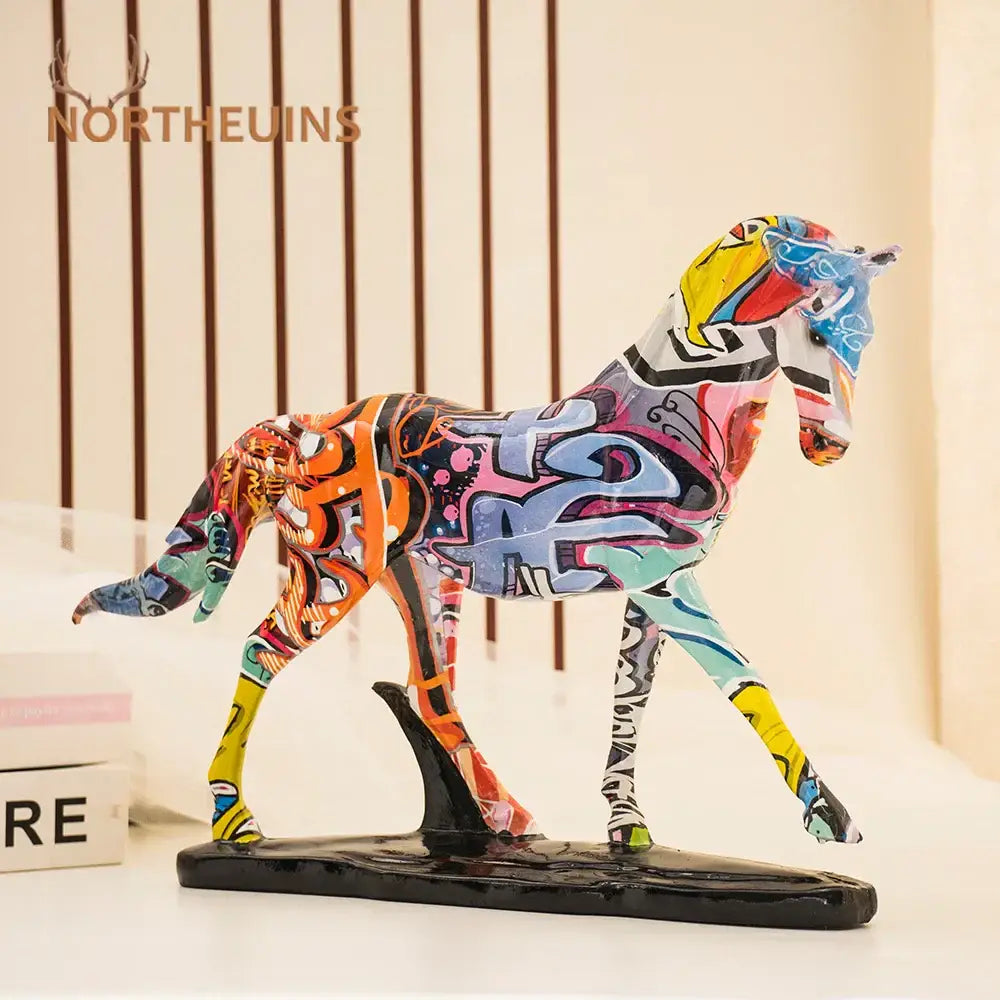 Vibrant graffiti style colorful resin horse statue with bold abstract patterns and glossy finish for living room decor