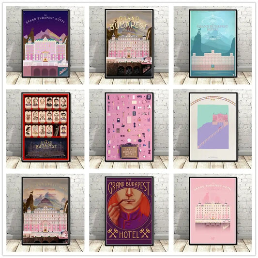 Nine framed colorful posters featuring grand budapest hotel minimalist illustrations for decorbites wall art decor
