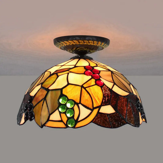 DecorBites™ DecorBites™ Grape Ceiling Lighting Tiffany Brass Stained Glass Flush Mount Light, 1-Light, 12"/16" Width