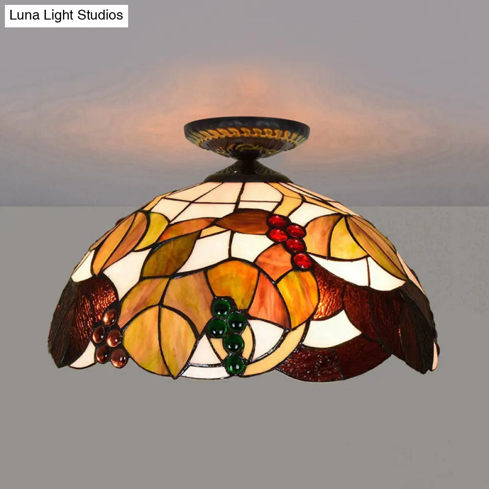 DecorBites™ DecorBites™ Grape Ceiling Lighting Tiffany Brass Stained Glass Flush Mount Light, 1-Light, 12"/16" Width