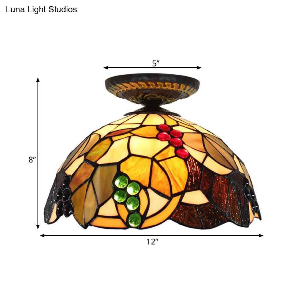DecorBites™ DecorBites™ Grape Ceiling Lighting Tiffany Brass Stained Glass Flush Mount Light, 1-Light, 12"/16" Width