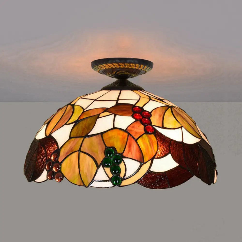 DecorBites™ DecorBites™ Grape Ceiling Lighting Tiffany Brass Stained Glass Flush Mount Light, 1-Light, 12"/16" Width