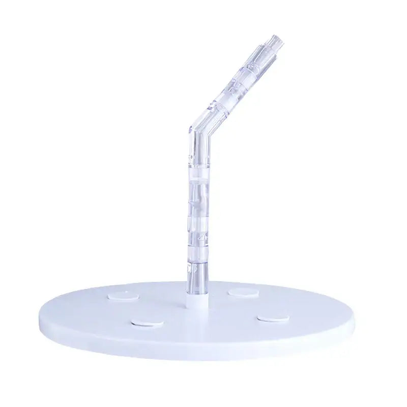Clear plastic white cake stand support structure with curved segmented arm on circular base for baking use