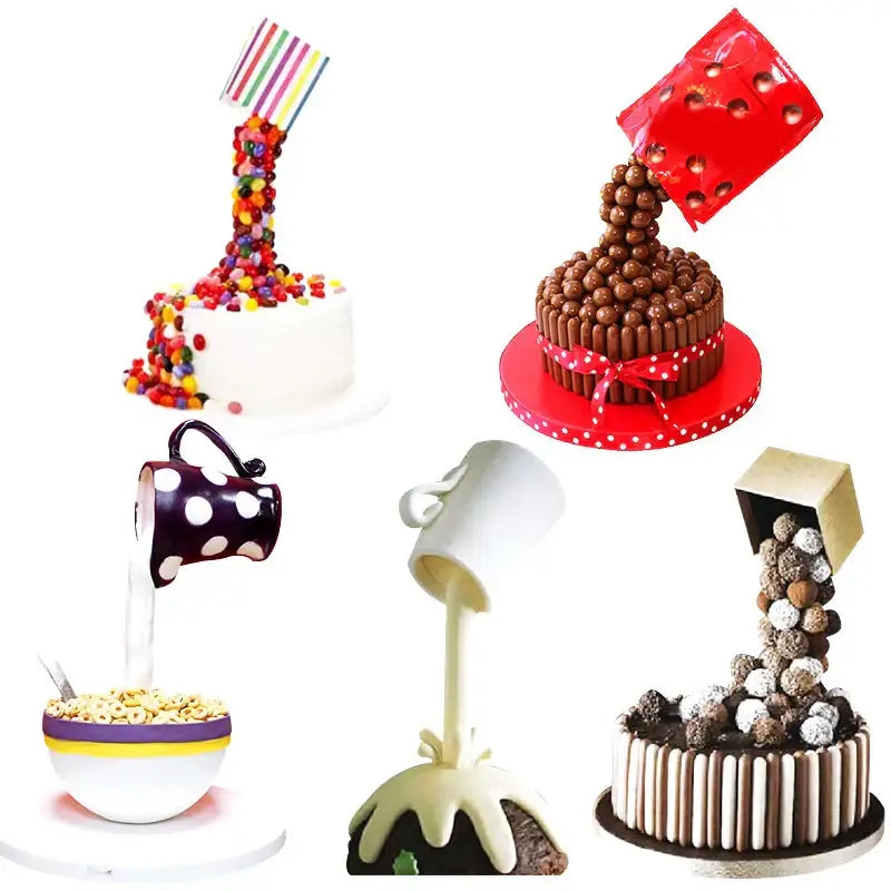 White cake with colorful striped candy pouring from red cup topper displayed on gravity defying cake stand support structure