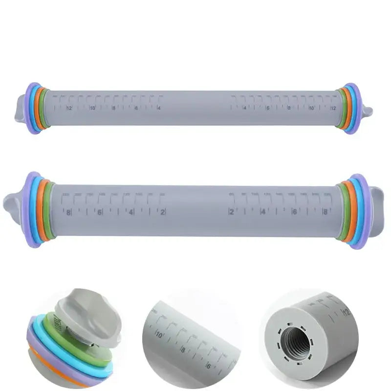 Gray plastic measuring ruler with colorful silicone rings and metric imperial markings for decorbites adjustable silicone rolling pin