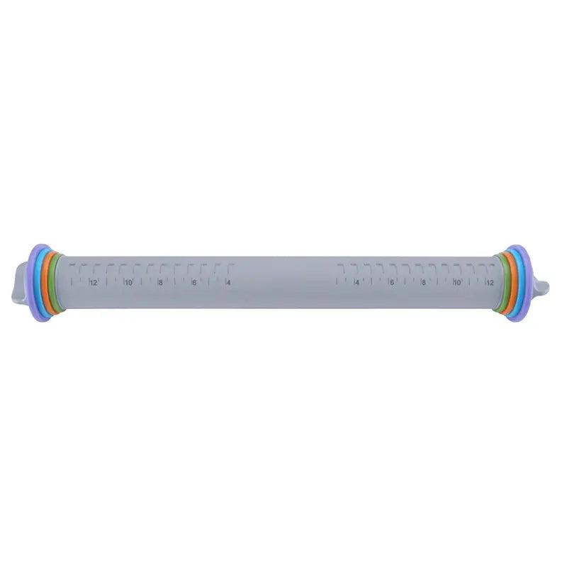 Gray adjustable silicone rolling pin with translucent gray measuring tape and colorful rainbow rings decorbites adjustable silicone tool