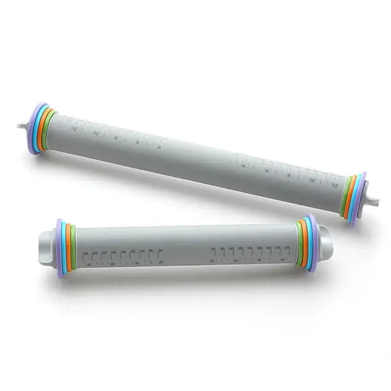 Gray adjustable silicone rolling pin with colorful rings and numerical markings by decorbites adjustable silicone tool