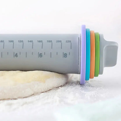 Gray plastic rolling pin with colorful silicone rings and measurement markings decorbites adjustable silicone rolling pin