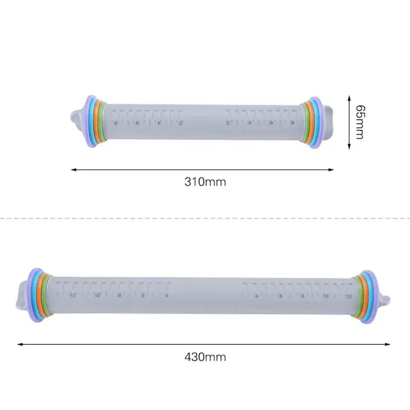 White plastic baby growth chart with colorful rings and inch markings next to gray decorbites adjustable silicone rolling pin
