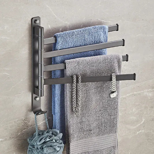 Dark gray metal decorbites gray aluminum swivel towel hanger with four bars holding blue and gray towels for bathroom use
