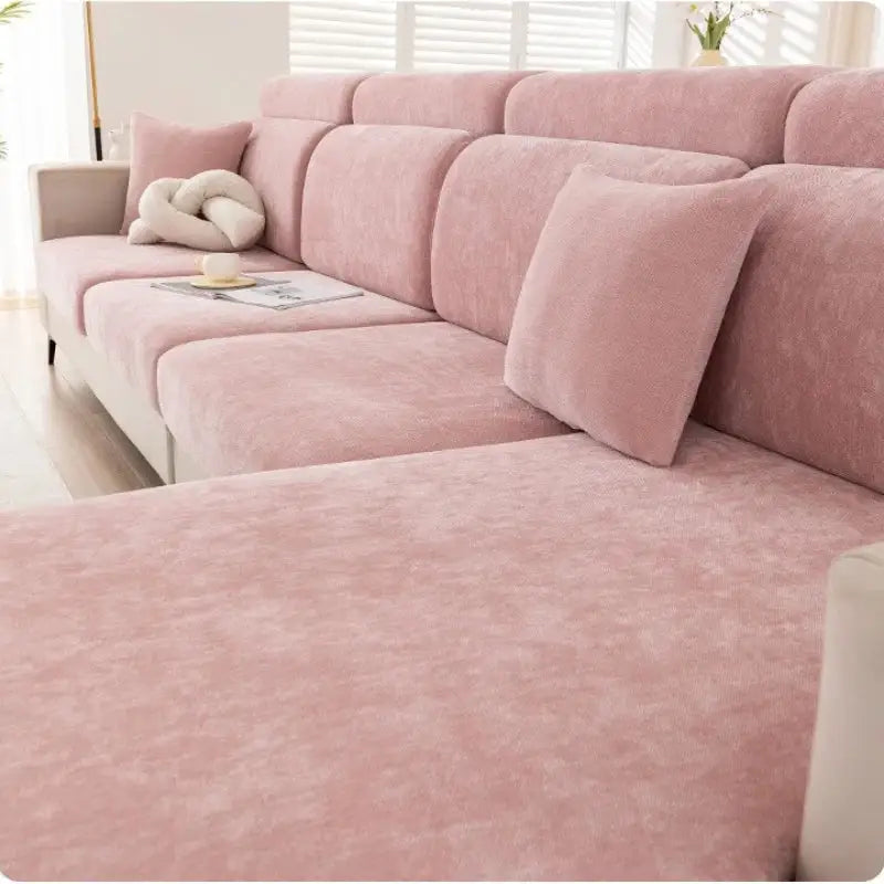 Pink textured fabric sofa cover shown as an alternative to gray and beige chenille universal living room slipcover