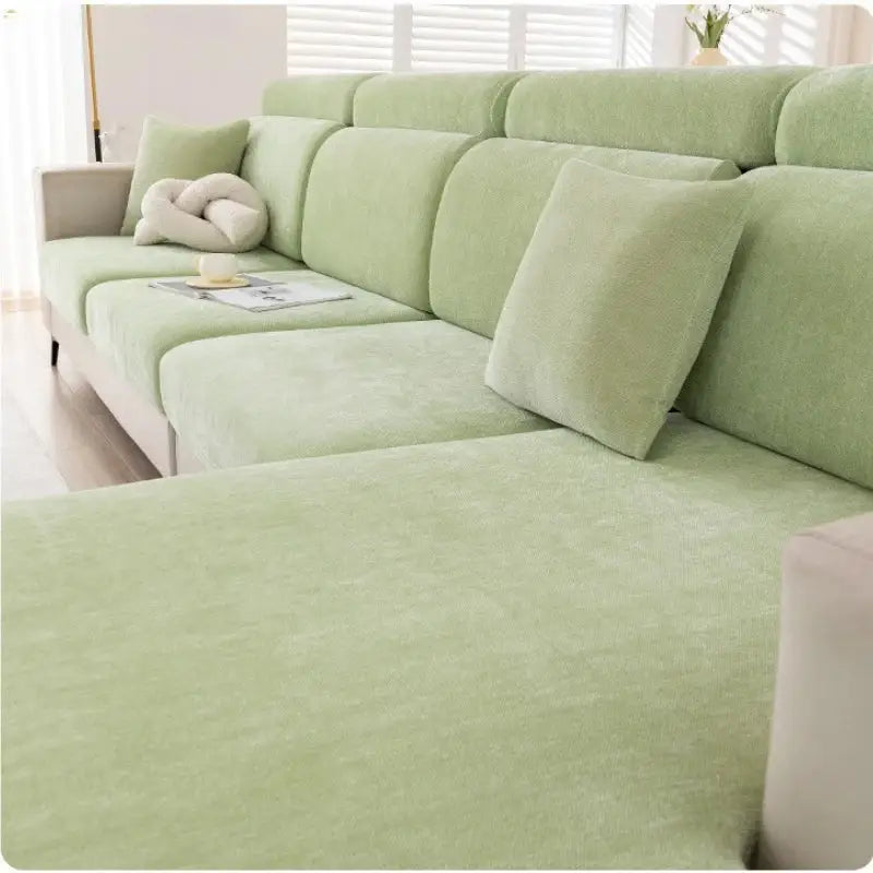 Light green fabric sofa cover with soft textured weave for gray and beige chenille universal slipcover use