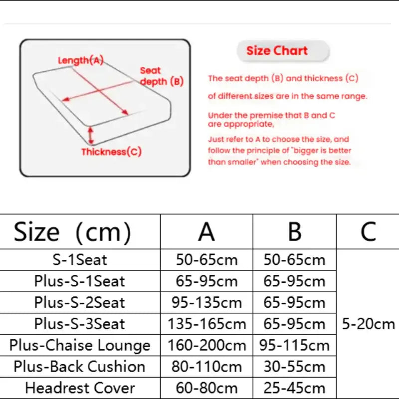 Size chart for gray and beige chenille universal sofa cover showing length, seat depth, and thickness dimensions in cm